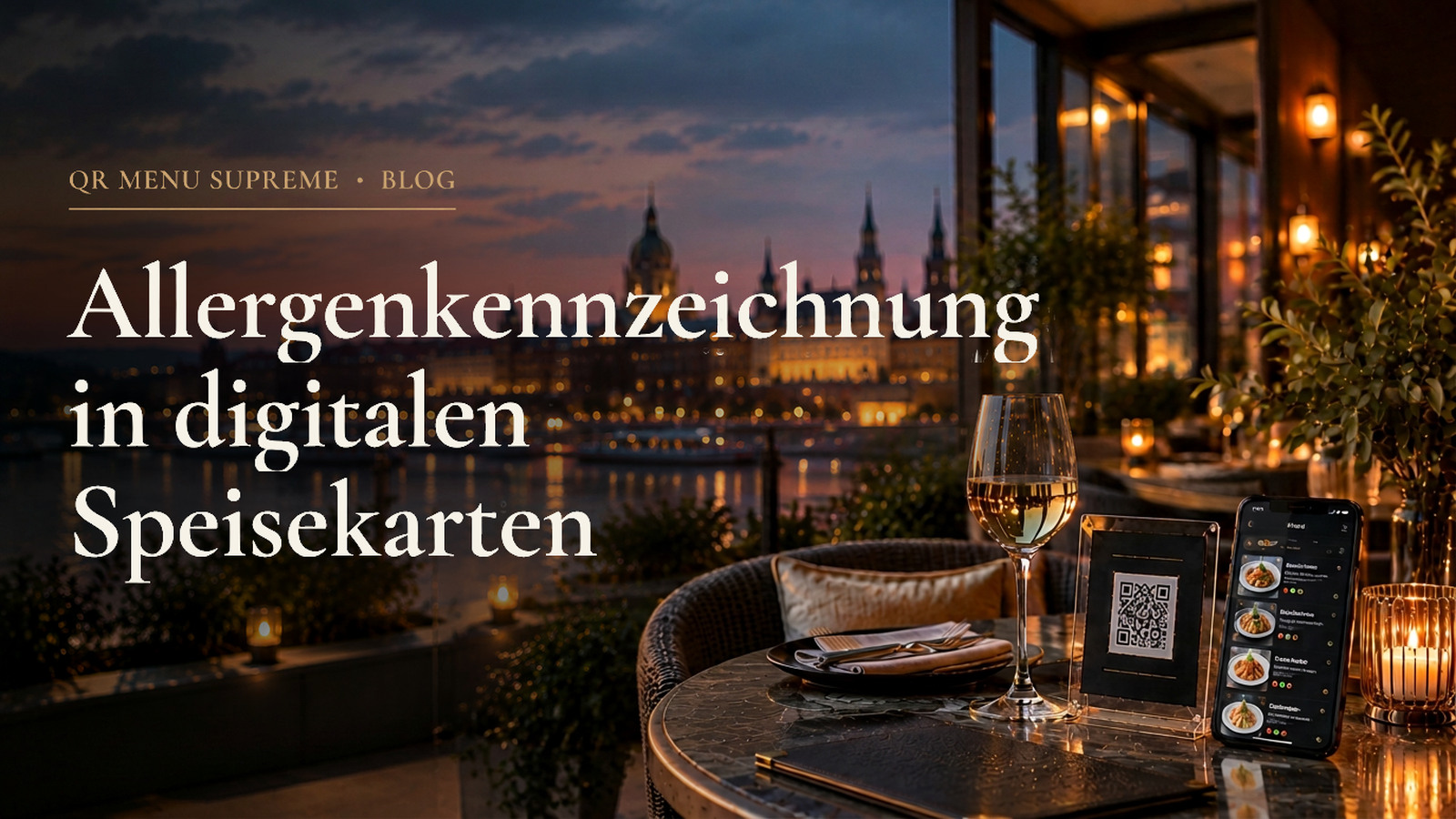 Digitale Speisekarte mit Allergenkennzeichnung auf einem Smartphone neben QR-Code auf einer Restaurantterrasse bei Sonnenuntergang