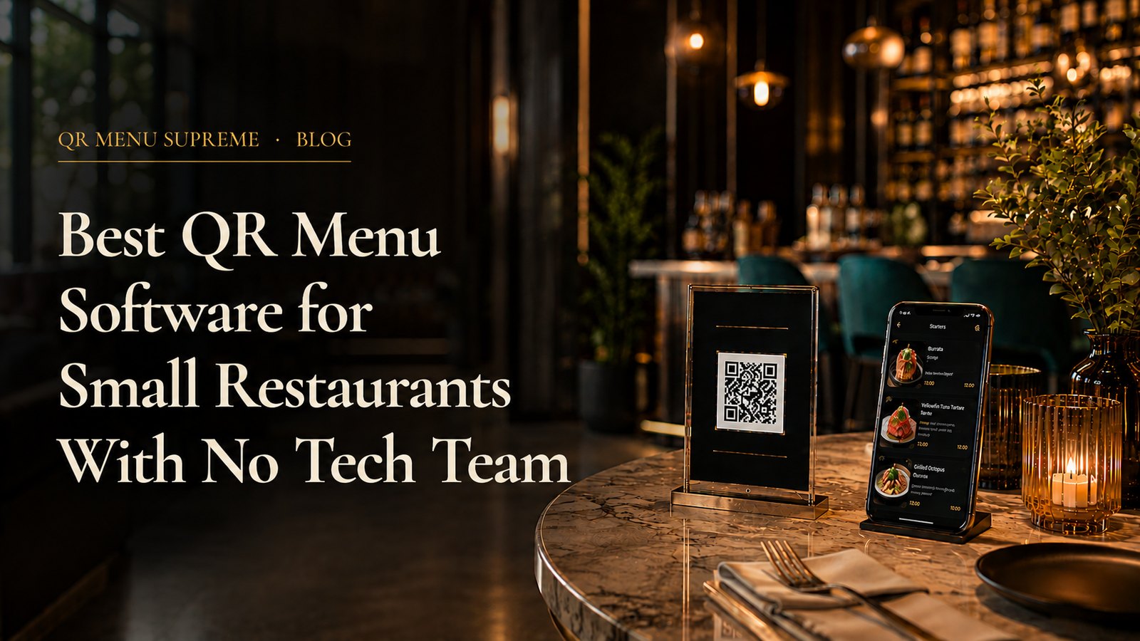 QR code stand and a phone showing a digital restaurant menu on a marble table in a warmly lit restaurant