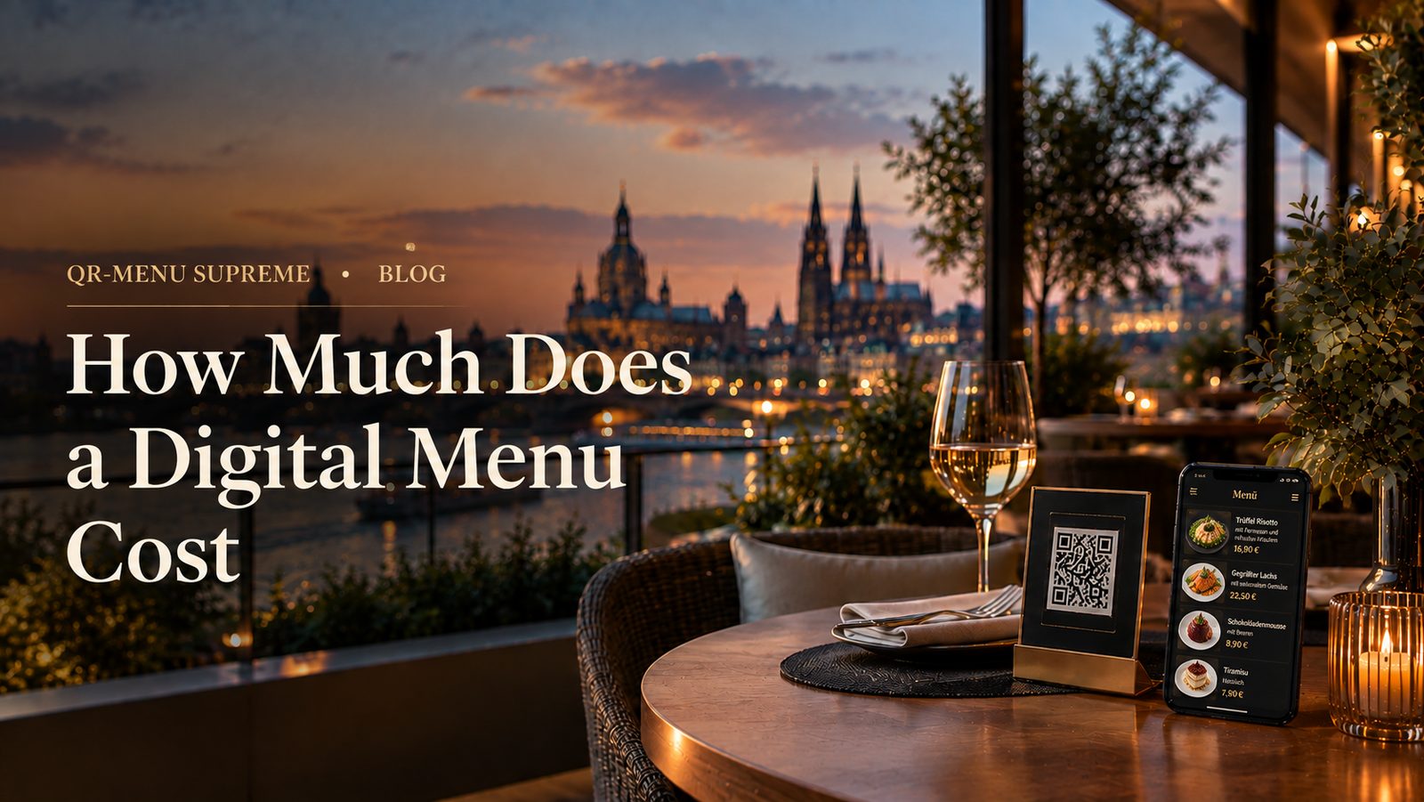 QR code stand and a phone showing a digital restaurant menu on a terrace table at dusk