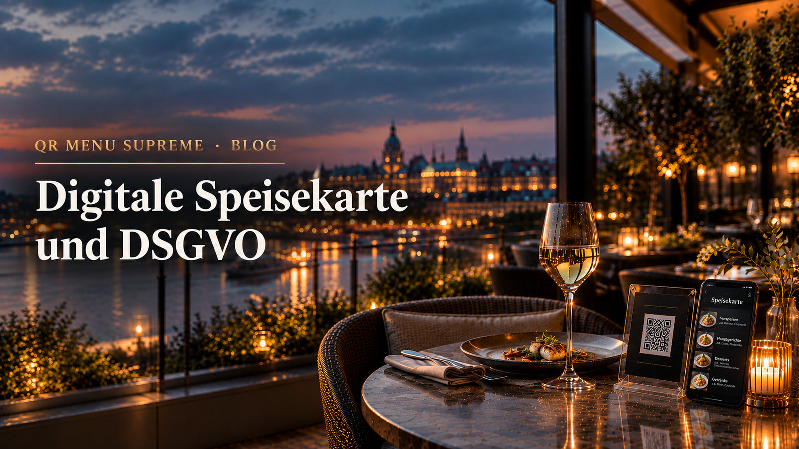 Digitale Speisekarte und DSGVO auf einer Restaurantterrasse mit QR-Code und Smartphone bei Sonnenuntergang