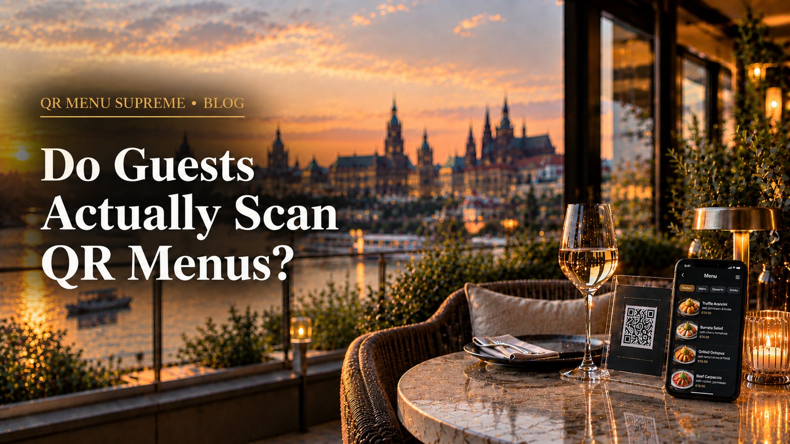 Restaurant terrace with a QR menu stand and phone overlooking a city at sunset