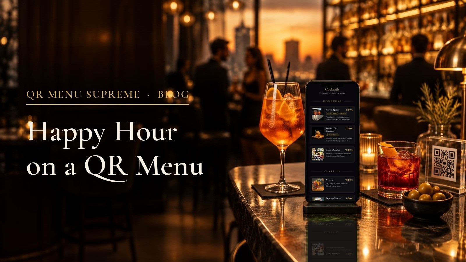Bar counter in the early evening with cocktails, a QR code stand and a phone showing happy hour prices on a digital menu