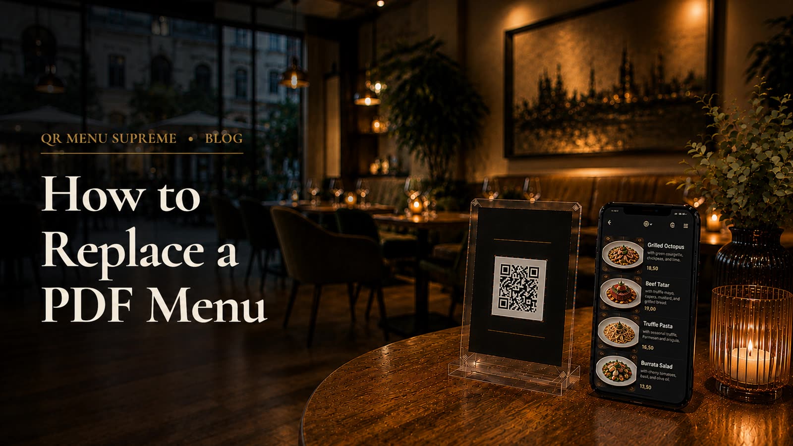 Restaurant table with a QR code stand and a phone showing a digital menu — How to Replace a PDF Menu