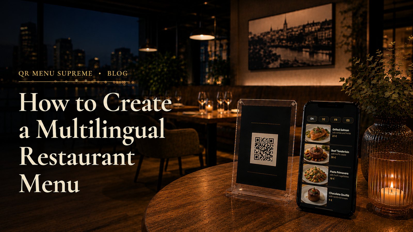 QR code stand and a phone showing a multilingual restaurant menu on a restaurant table