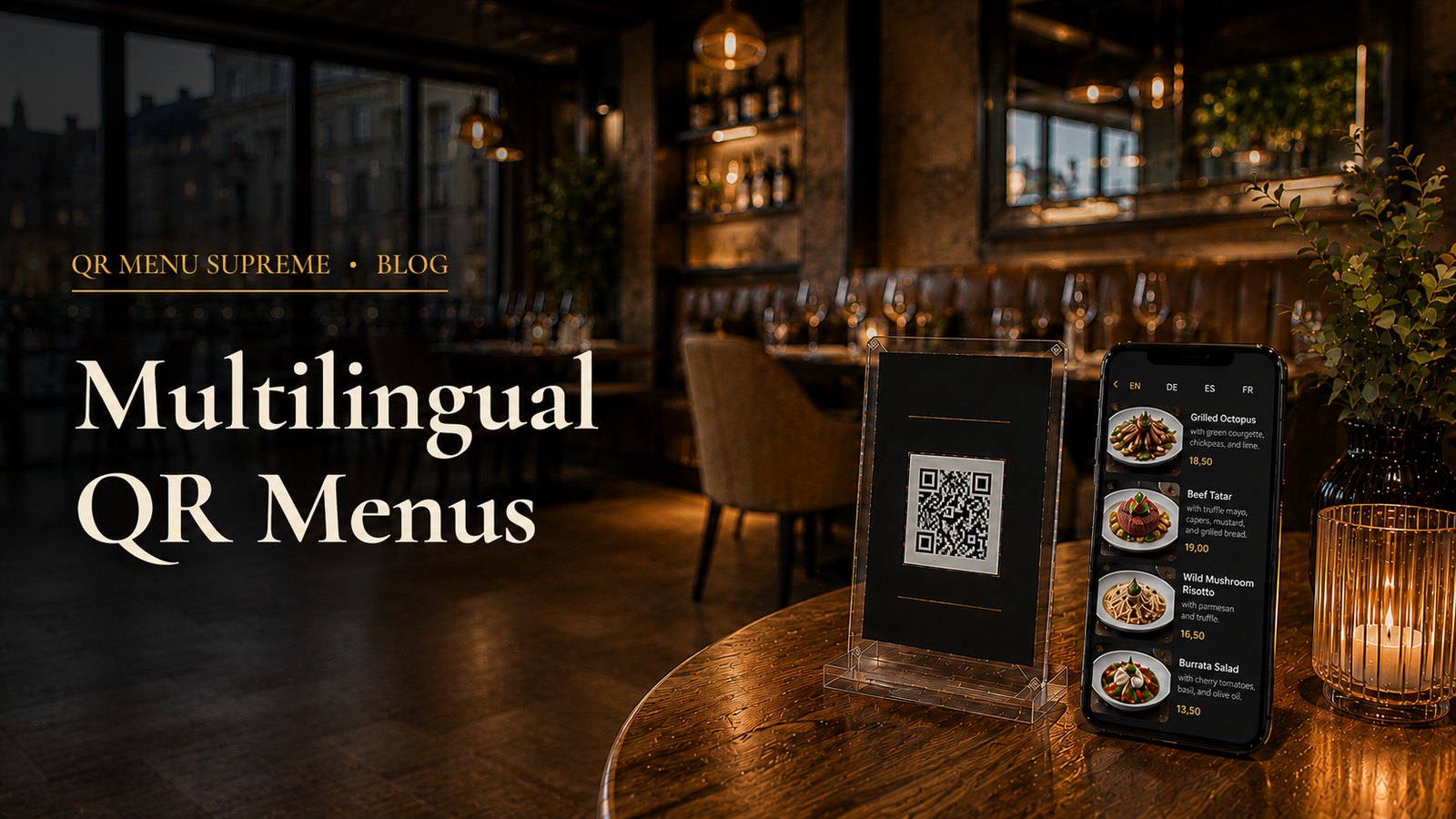 Restaurant table with a QR code stand and a phone showing a menu with language options