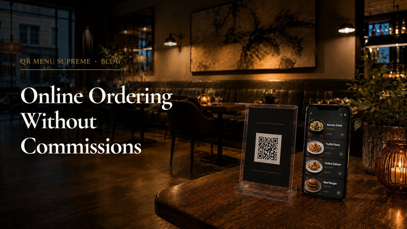 Restaurant table with a QR code stand and phone showing commission-free online ordering