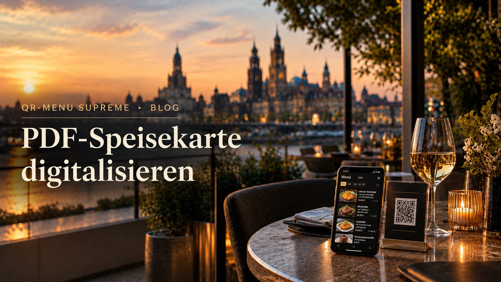 QR-Code-Aufsteller und Smartphone mit digitaler Speisekarte auf einem gedeckten Restauranttisch mit Blick auf die Dresdner Altstadt bei Sonnenuntergang