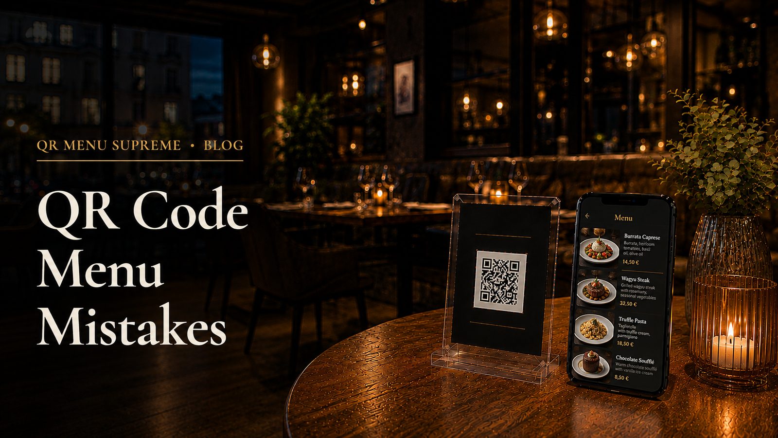 Restaurant table with a QR code stand and a phone showing a mobile-friendly digital menu