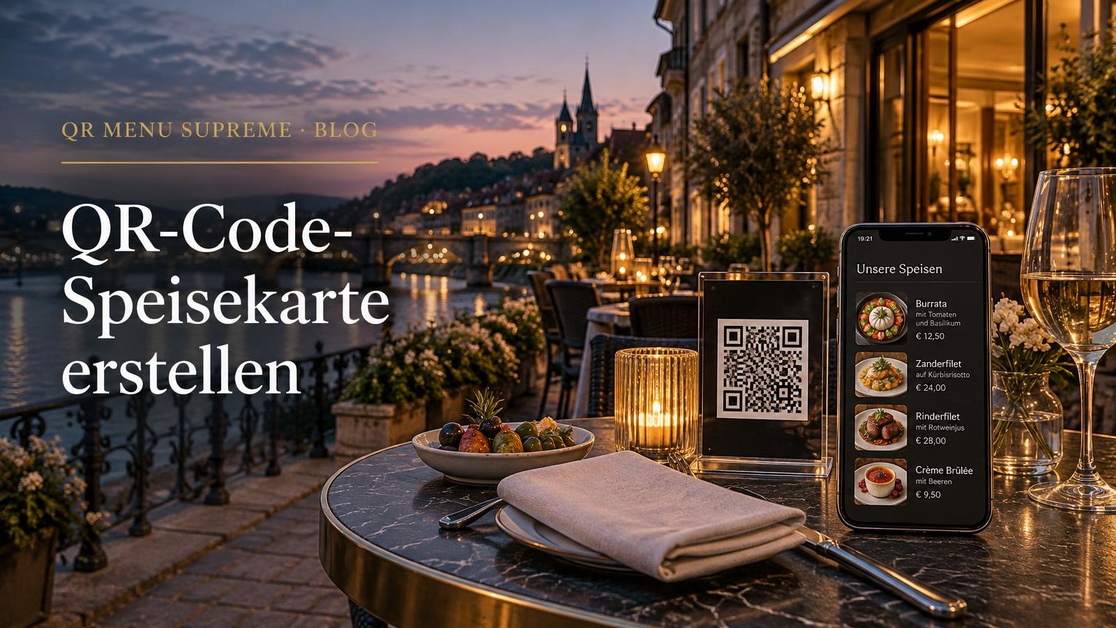 Restaurantterrasse am Abend mit QR-Code-Aufsteller und Smartphone mit digitaler Speisekarte