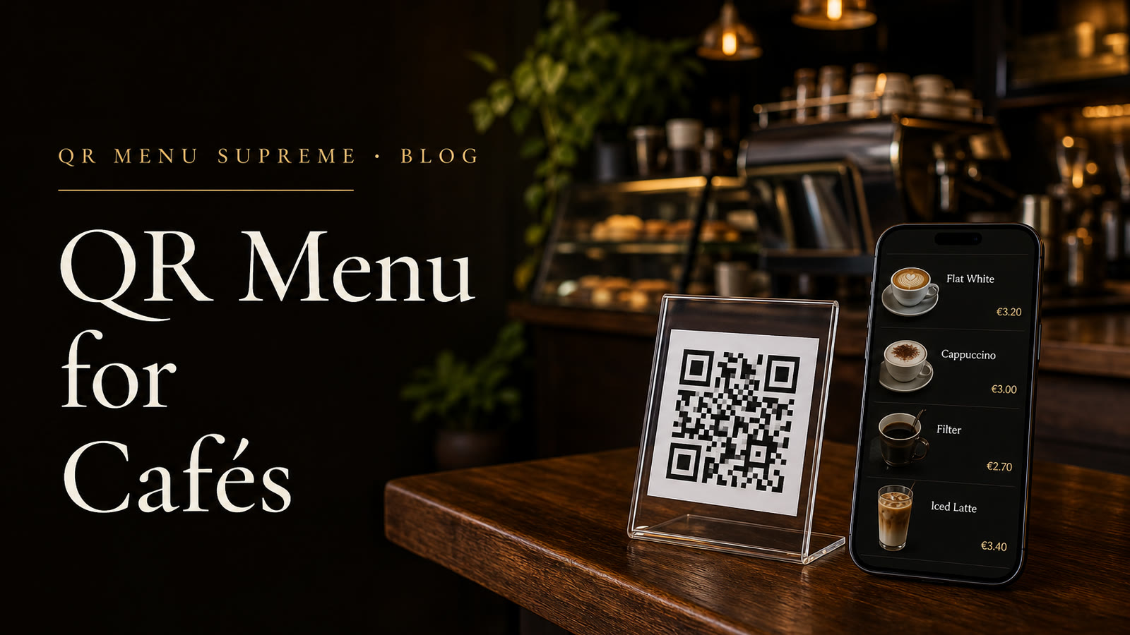 Café counter with a QR code stand and a phone showing a digital drinks menu