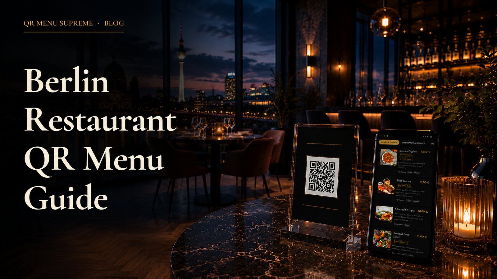 Berlin Restaurant QR Menu Guide — QR code stand and phone showing a digital menu on a restaurant table with the Berlin skyline at night