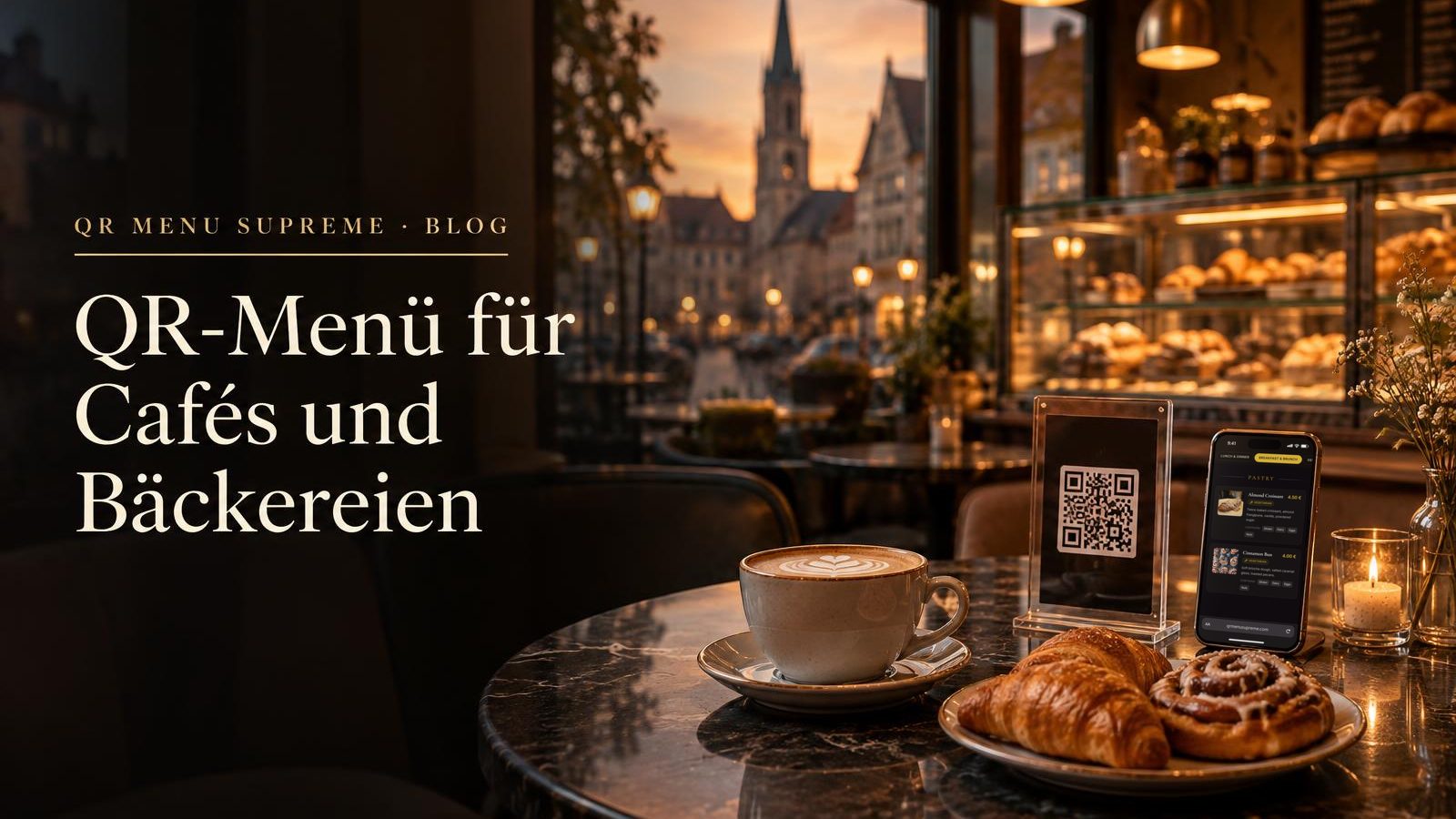 Café-Tisch am Abend mit Cappuccino, Croissant und Zimtschnecke, QR-Code-Aufsteller und Smartphone mit digitaler Speisekarte, im Hintergrund eine Gebäckvitrine und eine beleuchtete Altstadt mit Kirchturm