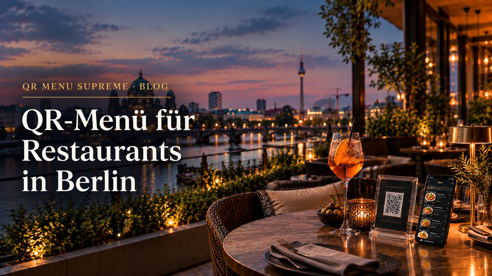 Abendterrasse eines Berliner Restaurants mit QR-Code-Aufsteller und digitaler Speisekarte, im Hintergrund der Berliner Fernsehturm