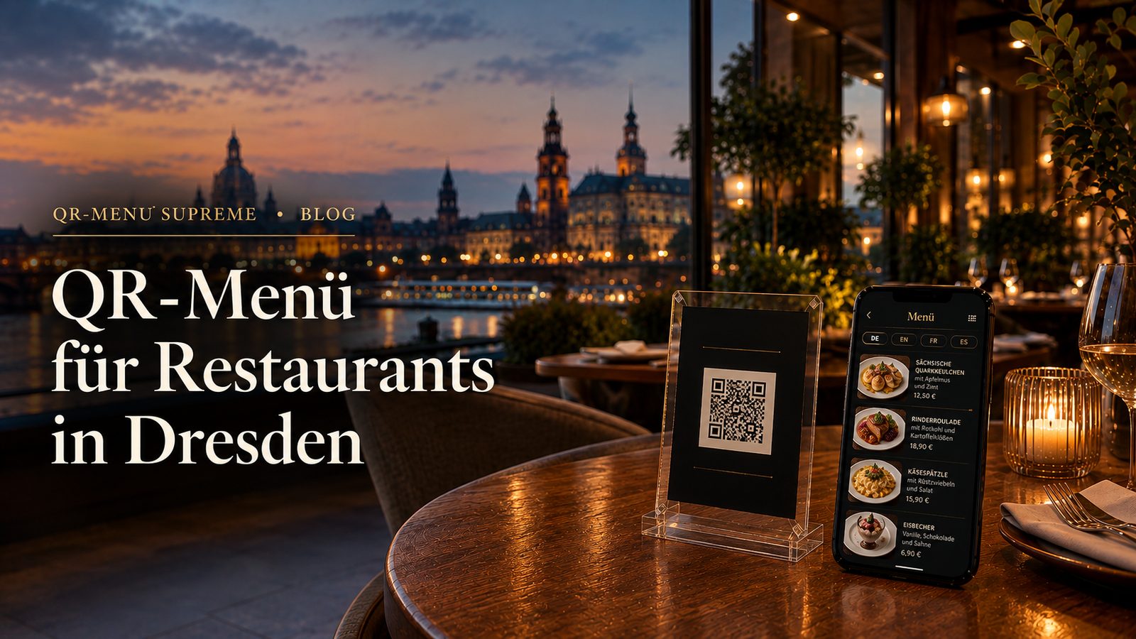 QR-Code-Aufsteller und Smartphone mit digitaler Speisekarte in einem Dresdner Restaurant mit Blick auf die Altstadt bei Abenddämmerung