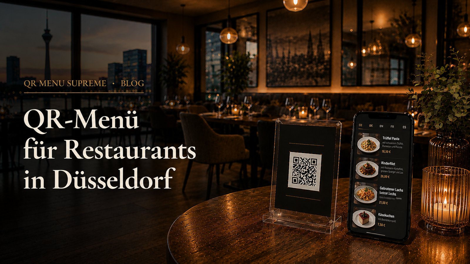 QR-Code-Aufsteller und Smartphone mit digitaler Speisekarte in einem Düsseldorfer Restaurant, im Hintergrund der Rheinturm bei Abenddämmerung