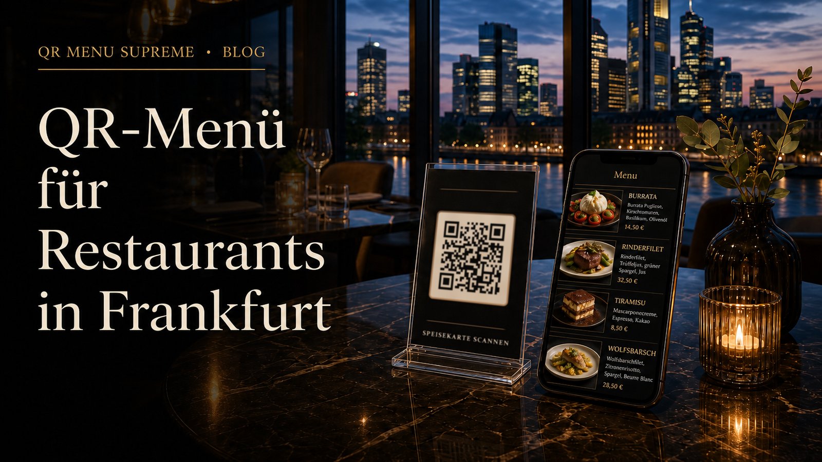 QR-Code-Aufsteller und Smartphone mit digitaler Speisekarte in einem Frankfurter Restaurant, im Hintergrund die Skyline