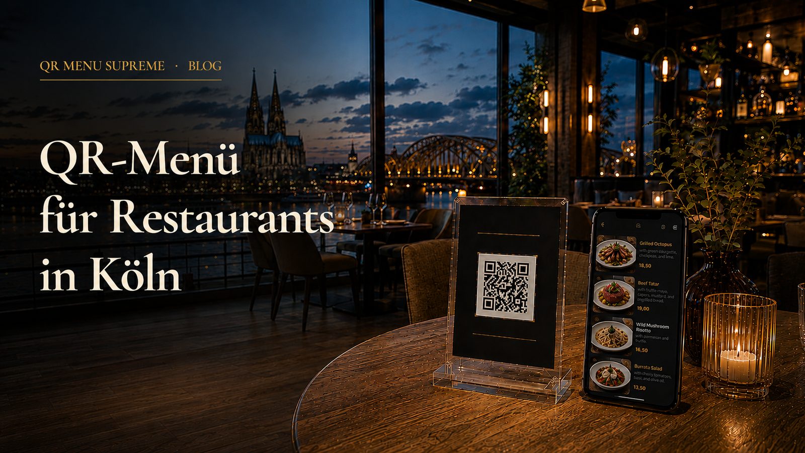 QR-Code-Aufsteller und Smartphone mit digitaler Speisekarte in einem Kölner Restaurant, im Hintergrund der Kölner Dom bei Abenddämmerung