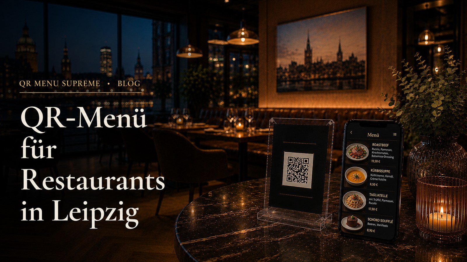 QR-Code-Aufsteller und Smartphone mit digitaler Speisekarte in einem Leipziger Restaurant bei Nacht
