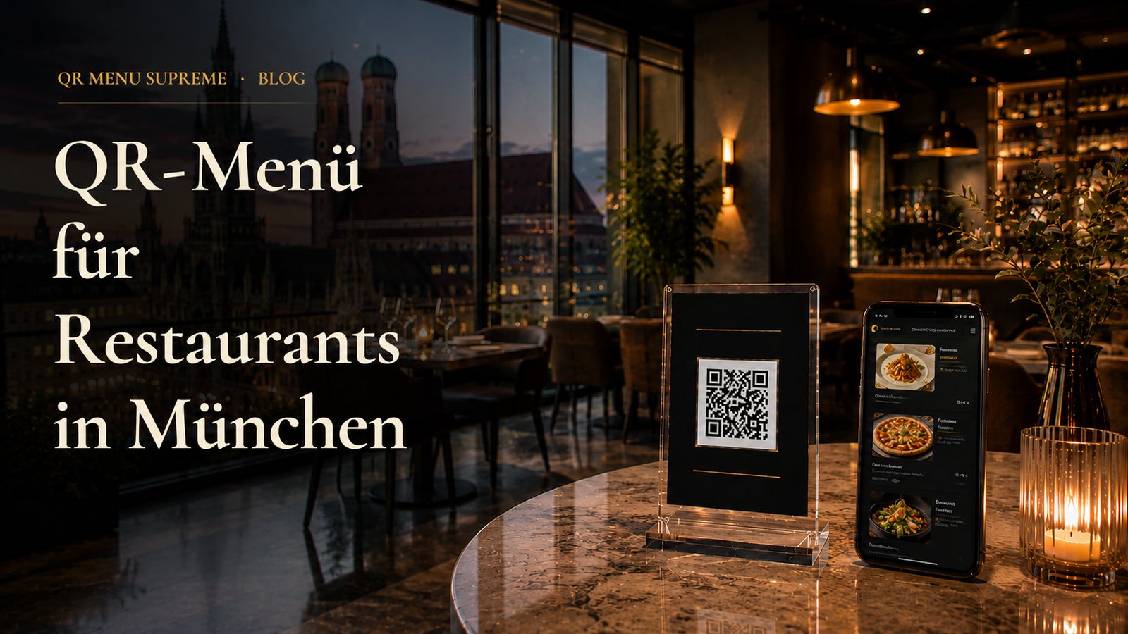QR-Code-Aufsteller und Smartphone mit digitaler Speisekarte in einem Münchner Restaurant, im Hintergrund die Frauenkirche