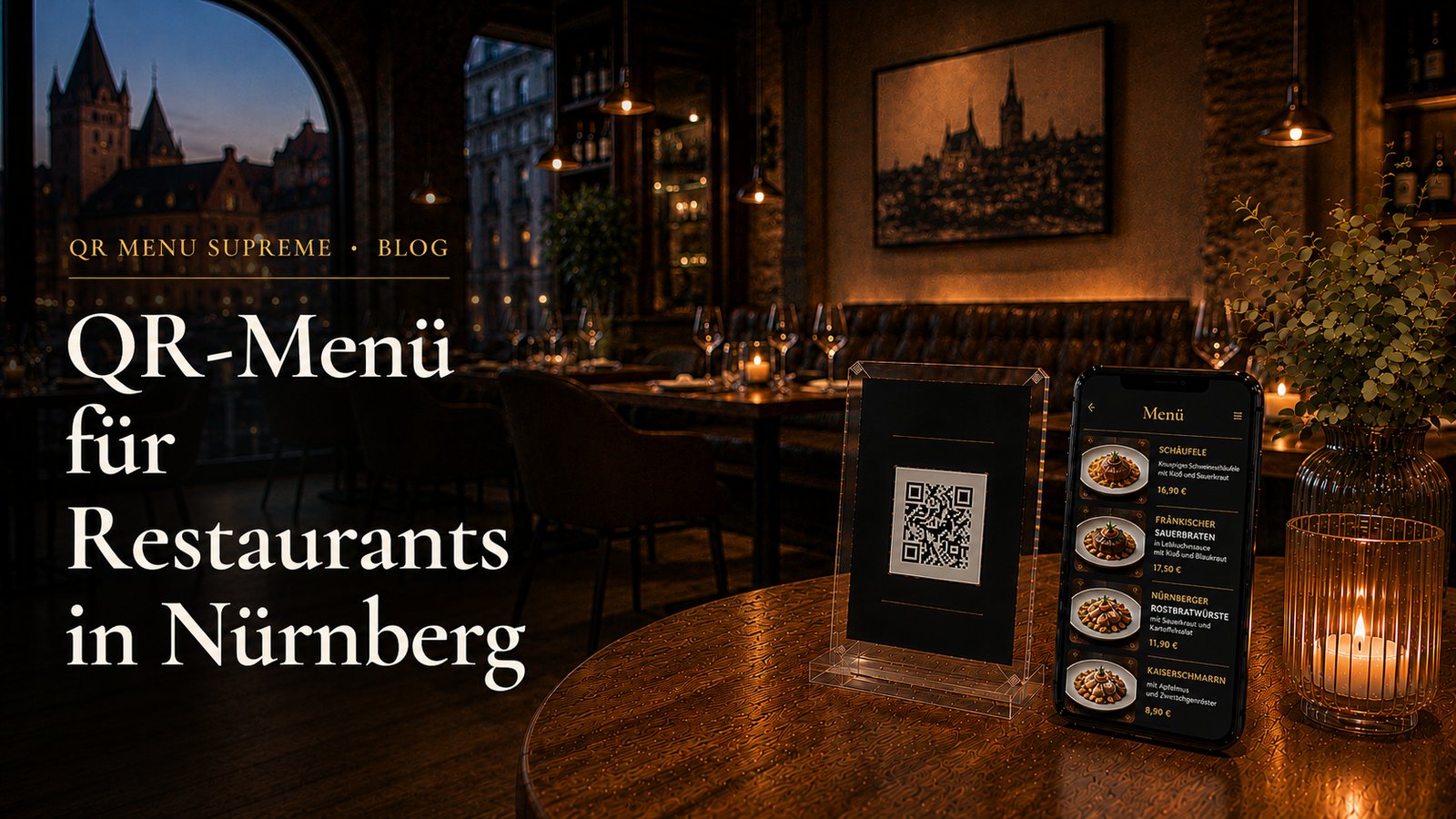 QR-Code-Aufsteller und Smartphone mit digitaler Speisekarte in einem Nürnberger Restaurant, im Hintergrund die Kaiserburg bei Abenddämmerung