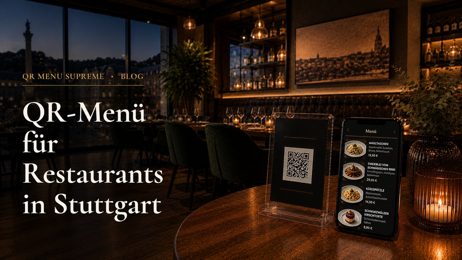 QR-Code-Aufsteller und Smartphone mit digitaler Speisekarte in einem Stuttgarter Restaurant, im Hintergrund die Stuttgarter Innenstadt bei Abenddämmerung