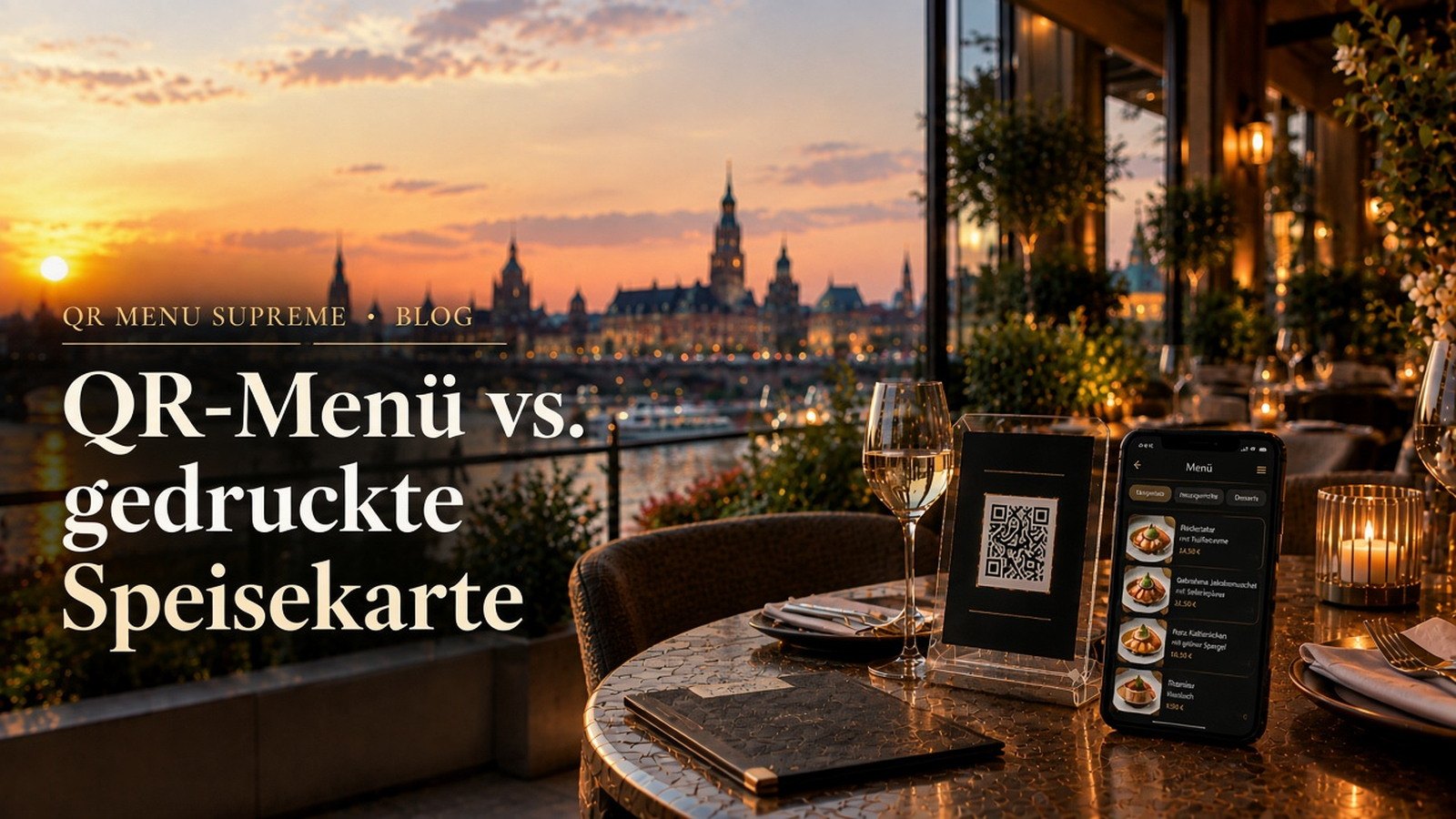 QR-Menü und gedruckte Speisekarte auf einem Restauranttisch mit Blick auf eine deutsche Altstadt bei Sonnenuntergang