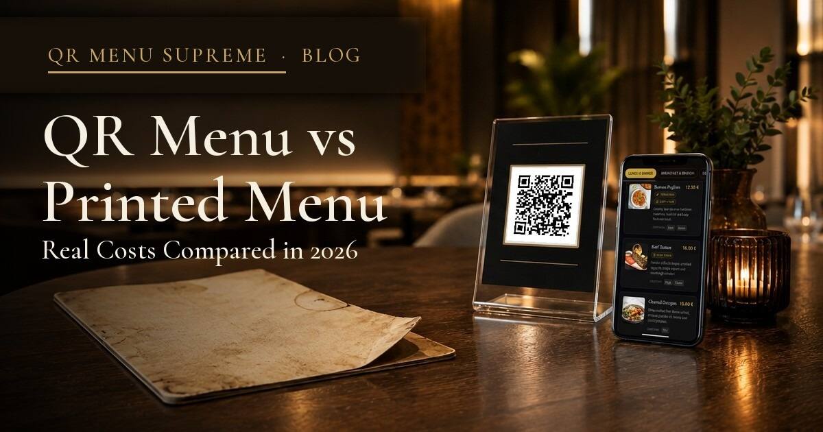 Restaurant table with a QR menu stand — QR Menu vs Printed Menu, Real Costs Compared in 2026