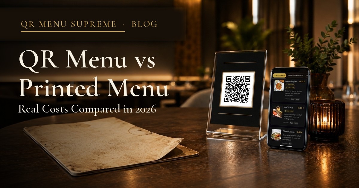 Restaurant table with a QR menu stand — QR Menu vs Printed Menu, Real Costs Compared in 2026