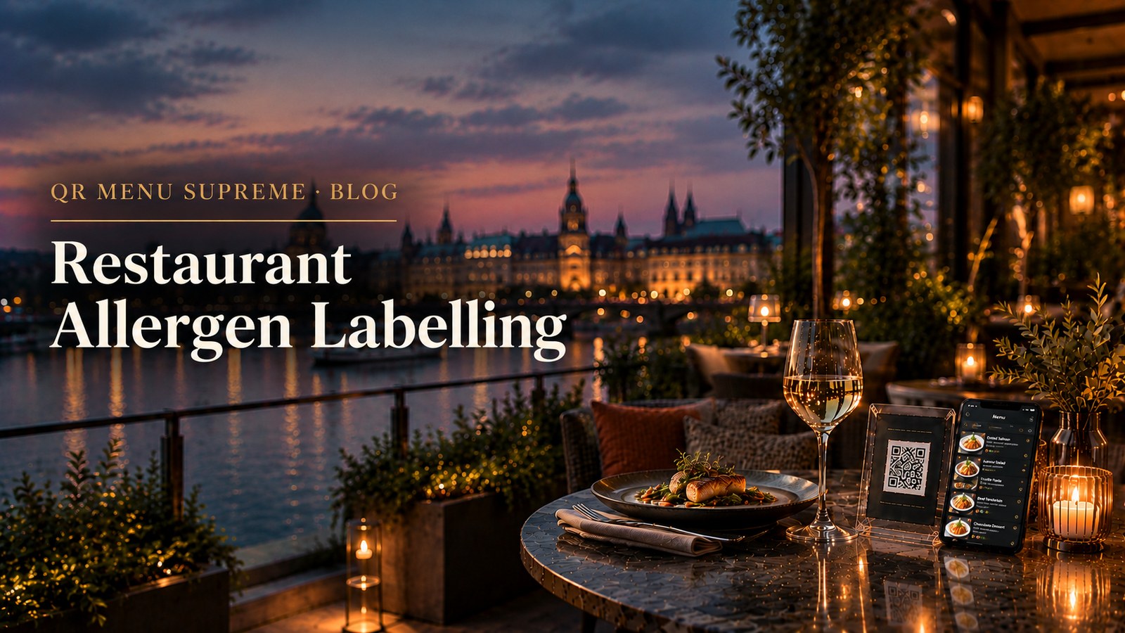 Restaurant terrace at dusk with a plated dish, wine glass, QR menu stand, and phone displaying a digital menu
