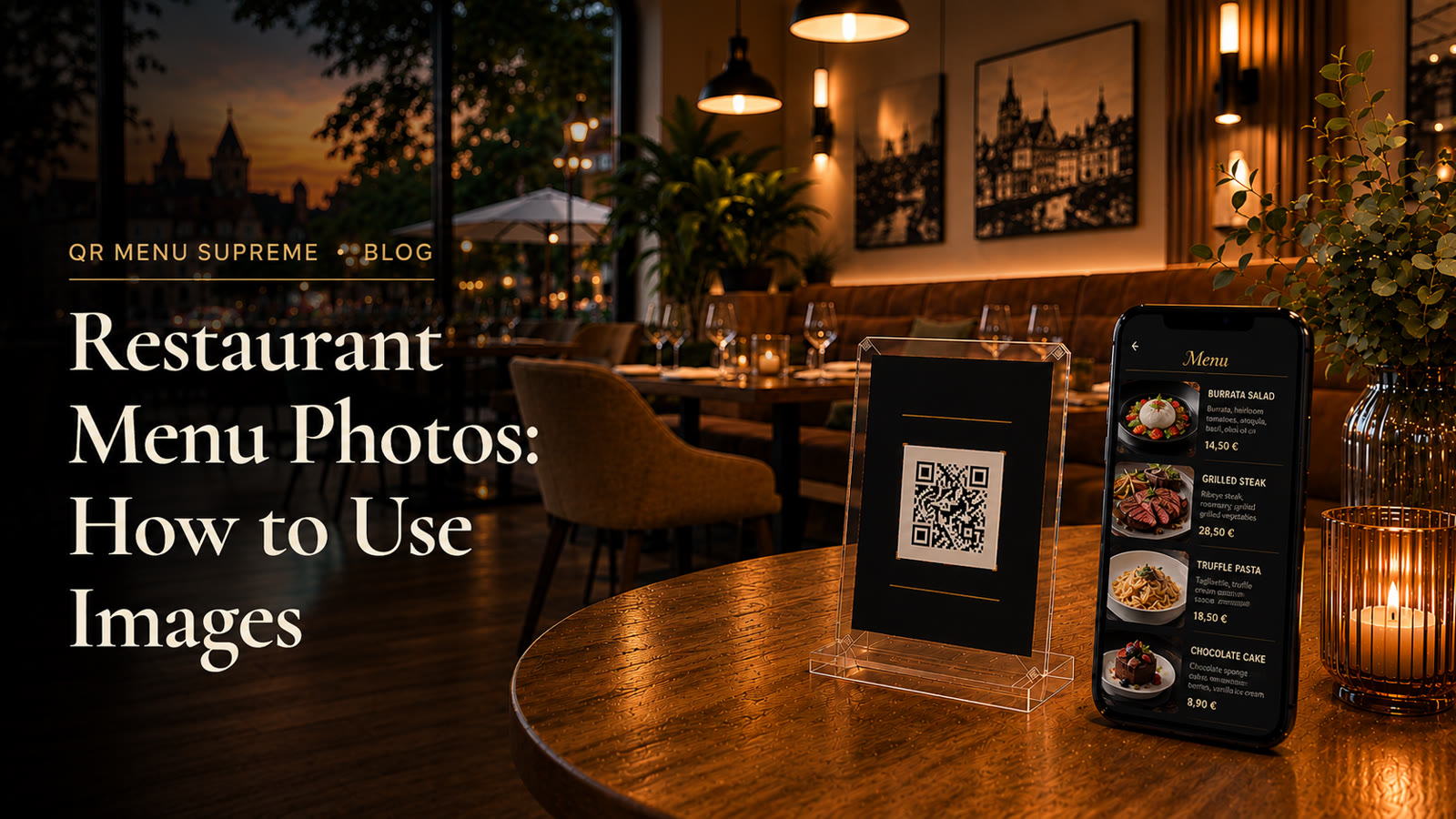 Restaurant table with a QR code stand and a phone showing a digital menu with food photos