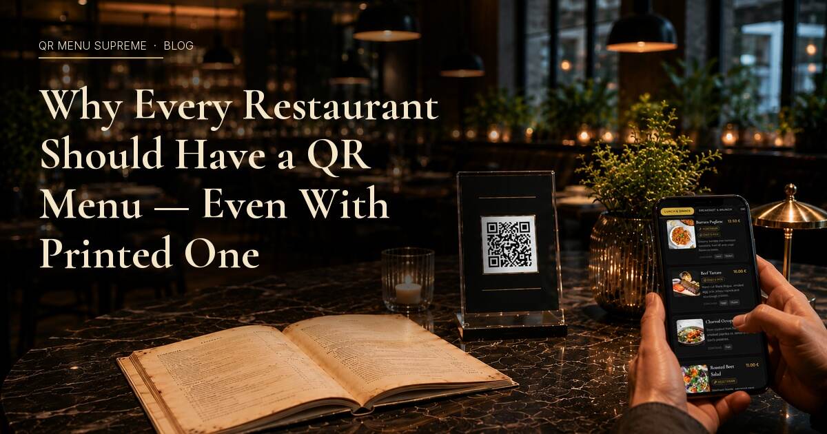 Restaurant table with a QR code stand next to a printed menu book and a guest browsing the digital menu on a phone