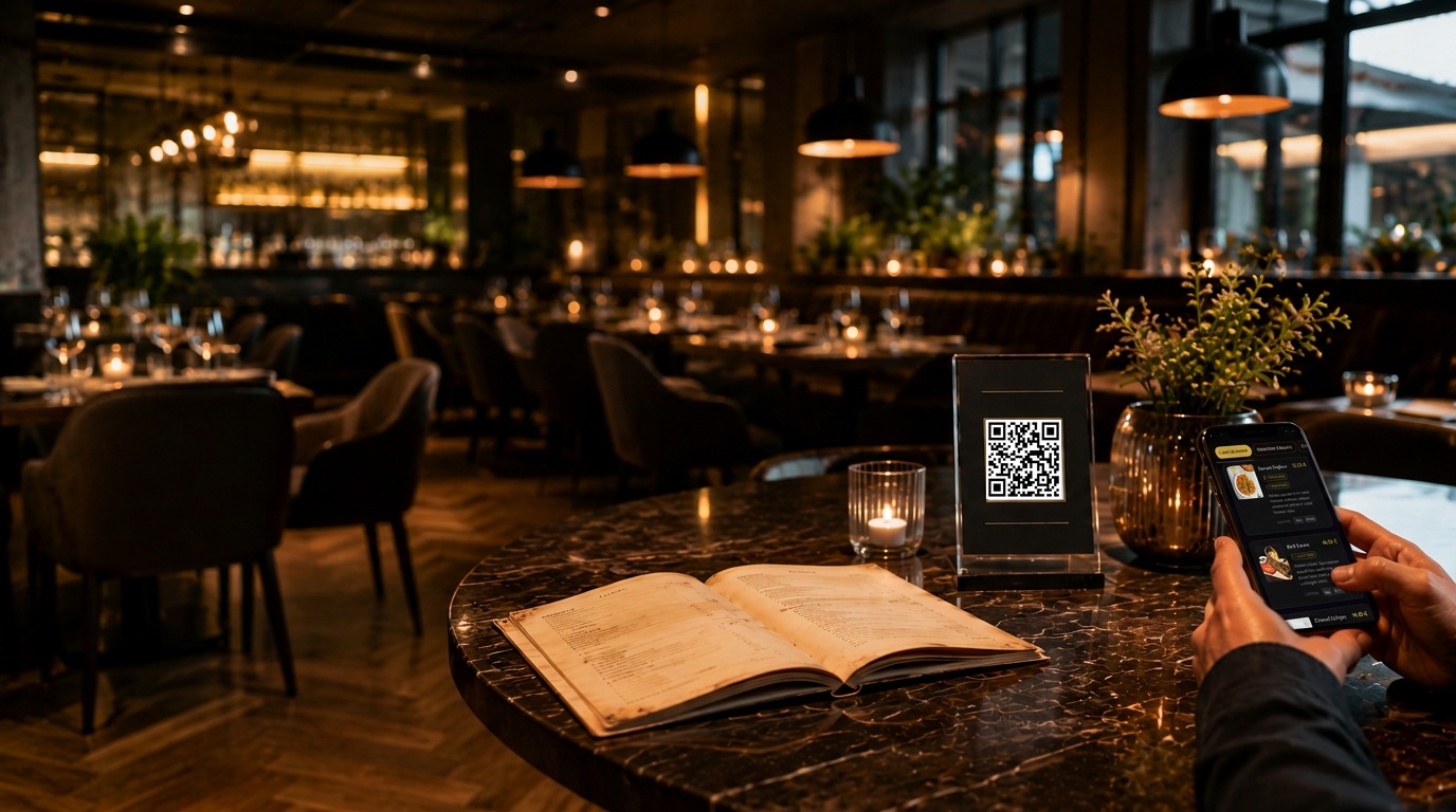 Restaurant table with a QR code stand next to a printed menu book and a guest browsing the digital menu on a phone